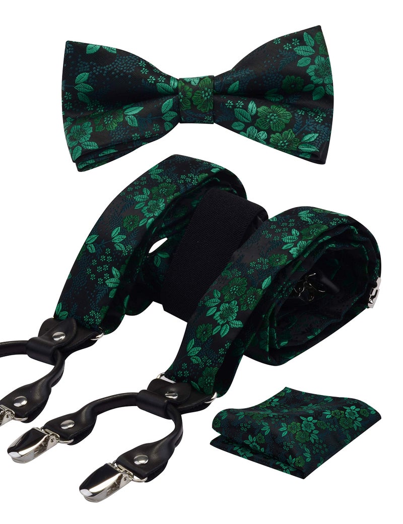 GUSLESON Mens Suspenders with Clips Green Flora Pre-Tied Adjustable Bow tie Pocket Square Set(0102-10) - Image 1